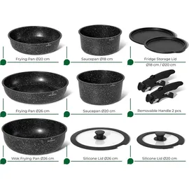 just perfecto household appliances Just Perfecto Töpfe Pfannen 11-Teilig,Topfset Pfannenset mit abnehmbaren Griffen,Pfanne 20/26cm,Topf 18/20cm,Tiefe Bratpfanne 26cm,Antihaftversiegelung,Kochen stapelbar topf Induktion,Ofenfest (Black)