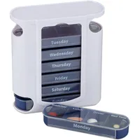 Relaxdays Pillendose 7 Tage, wöchentliche Tablettenbox, 4 Fächer, Englisch, Medikamentendose, Schiebedeckel, weiß/blau