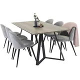 VCM Ebuy24, Essgruppe Esstisch El Holz dekor grau und 6 Velvet Esszimmerstühle Velour hellgrau.