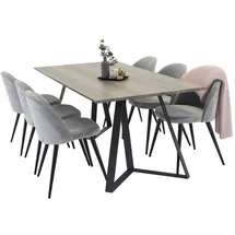 VCM Ebuy24, Essgruppe Esstisch El Holz dekor grau und 6 Velvet Esszimmerstühle Velour hellgrau.