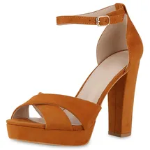 VAN HILL Damen High Heels Blockabsatz Plateau Vorne Party Schuhe 216143 Hellbraun Velours 36 - 36 EU