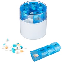 Relaxdays Tablettenbox 7 Tage 4 Fächer, morgens, mittags, abends, nachts, BPA-frei, Wochenbox für Medikamente, weiß/blau