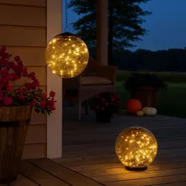 GLOBO 2er Set LED Solar Kugel Deko Lampen Außen Steh Strahler Garten Balkon Hänge Leuchte rauch