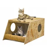 QLS Katzenhaus aus Holz 59x37,5 cm mit Liegefläche Kokos- Kratzmatte