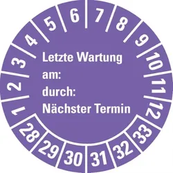 Dreifke® Prüfplakette Letzte Wart., am, durch, Nächste Prüf.28-33, violett, Dokufolie, Ø30mm, 18 Stk.