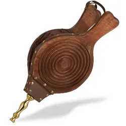 Relaxdays Blasebalg, Holz, Luftgebläse für Grill & Kamin, Länge: 47 cm, rustikales Design, Handblasebalg, braun/gold