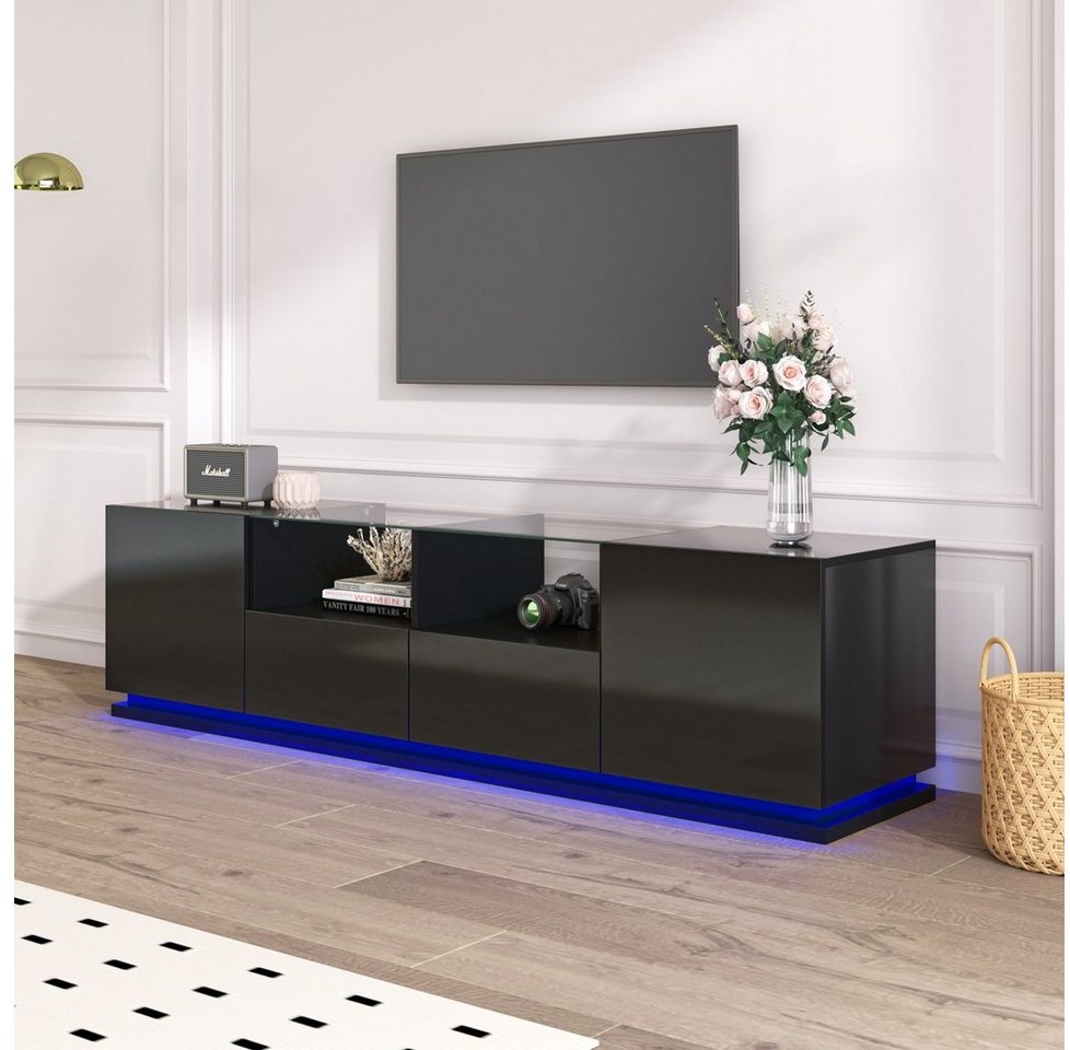 Merax Lowboard mit Glastischplatte und LED, B:165cm, TV-Schrank hochglanz, TV-Board mit Türen und Schubladen schwarz