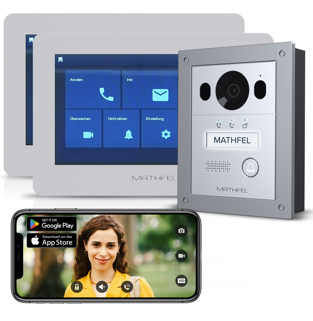 2 Draht BUS Video Türsprechanlage für 1 Teilnehmer, 7 Zoll WLAN Monitor, Silber Kamera Aufputz oder Unterputz Montage 2x 7 Zoll Monitor