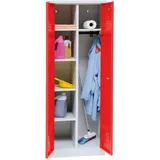 Schrank & Stuhl Mehrzweckschrank | Besenschrank mit Durchgehender Trennwand, Hakenleiste und 7 Fächern 180x80x50, Drehriegelverschluss, komplett montiert, Grau/Rot