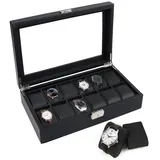 gramiibeau Uhrenbox Schwarz Herren, Uhrenbox Leder 12 Uhren Uhrenkasten mit Glasdeckel Uhr-Aufbewahrungsbox mit gewebtem Muster Metall Verschluss,Geschenke für Freunde,35 x 20 x 8 CM