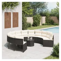 vidaXL Gartensofa mit Tisch und Kissen Rund Schwarz Poly-Rattan