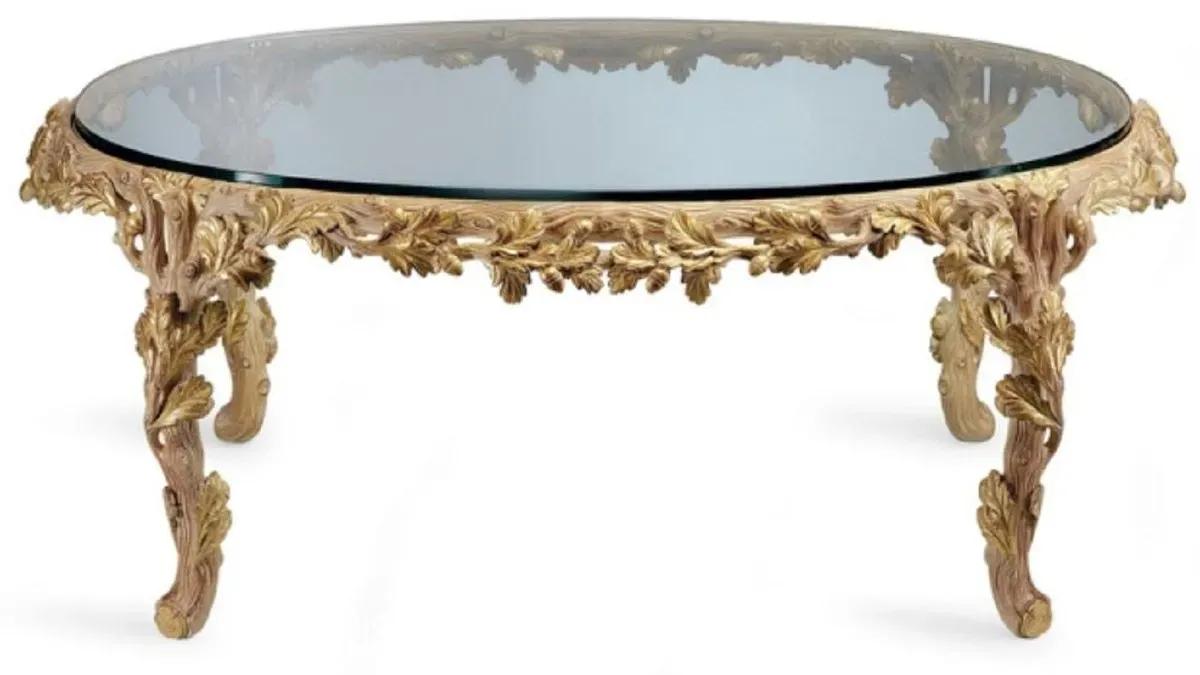 Casa Padrino Luxus Barock Couchtisch mit Glasplatte Naturfarben / Braun - Ovaler Wohnzimmertisch im Barockstil - Barock Möbel - Barock Interior - Edel & Prunkvoll - Luxus Qualität - Made in Italy