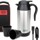 HEYNER® Reisewasserkocher 12V Auto elektr. Wasserkocher Reise Edelstahl Elektrisch Warmhaltefunktion 700ml Heizbecher I Auslaufsicher Tragbar I inkl. Tasche + 2 Becher