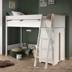 Kinder Hochbett mit Schrank Weiß und Buchefarben (zweiteilig)