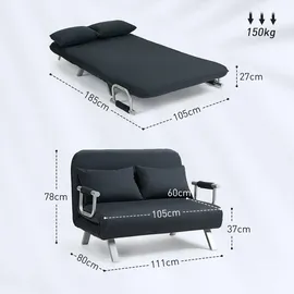 Homcom Schlafsofa Schlafcouch mit Verstellbarer Rückenlehne, Wurfkissen, 2er-Sofa mit Schlaffunktion, Samtoptik, Armlehne, Couch für Wohnzimmer, Schlafzimmer, Schwarz Kunststoff, 111x78x80 cm, Sofas - Couches, Schlafsofas