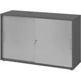 bümö Schiebetürenschrank 2OH - Aktenschrank abschließbar, Sideboard Schrank mit Schiebetüren in Graphit/Silber, Bügelgriff - Büroschrank aus Holz mit