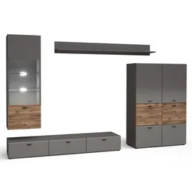 Feldmann-Wohnen Wohnwand, Grau, Braun, Holz, 11 Fächer, 1 Schubladen, Rechteckig, 300x144x40 cm, Wohnzimmer, Wohnwände, Wohnwand-Sets