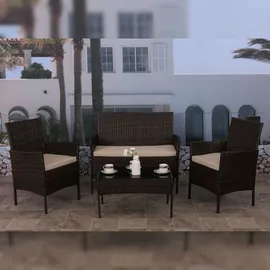 Mendler Poly-Rattan Garten-Garnitur HWC-N98, Sitzgruppe Lounge-Set, Metall Glas Stoff/Textil (180g/m2) ~ braun, Kissen creme