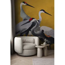 Fototapete KOMAR "Komar Vlies Fototapete - Yellow Cranes - Größe 200 x 250 cm", lila (modern), L:2,5m, Vlies, Tapeten