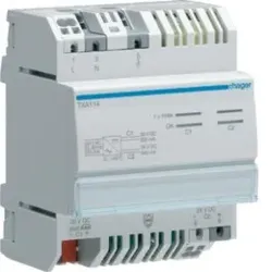 Hager TXA114 Spannungsversorgung KNX mit 1 Ausg. inkl. Drossel 320mA + 1 Ausg. 24VDC, 640mA.Spannungsversorgung zur Erzeugung der notwendigen