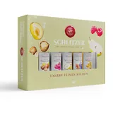 Schlitzer Milde Spirituosen Geschenkset – Tasting Box mit 5 Miniaturflaschen (0,02L) – Himbeere, Birne, Zwetschge, Haselnuss, Marille – Hochwertige Obstbrände als Geschenkidee für Genießer