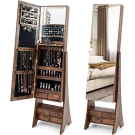 Costway Schmuckschrank mit LED, Spiegelschrank 360° drehbar, mit rahmenlosem Ganzkörperspiegel, Schmuck-Organizer abschließbar, Schmuckaufbewahrung Braun