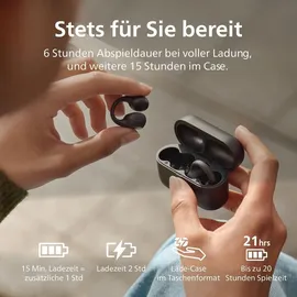 Philips TAQ2000BK Kopfhörer True Wireless Multipoint-Bluetooth-Ohrhörer mit Ohrmanschette - 28 Stunden Spielzeit, Kompaktes Lade-Case, Klare Anrufe, für Arbeitsweg und Sport - Schwarz