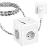 Steckdosenwürfel, Steckdosenleiste mit 2 USB, Mehrfachsteckdose mit 2 USB C, Steckerleiste mit Schalter, 4 Fach Power Strip, Mehrfachsteckdosen mit Flachstecker - 3M Kabel - Weiß