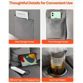 Vevor Loveseat Relaxsessel elektrische Liegecouch mit Wärmefunktion & Massage, Massagesessel aus Samt mit USB-Anschlüssen & Getränkehaltern & Seitentaschen, TV-Sessel für Wohnzimmer Grau