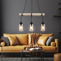 GLOBO Hängeleuchte Pendelleuchte Holzpendellampe Holz Esszimmerlampe Hängelampe Esstisch, Glas rauch, 3x E27, LxH 98x130 cm