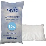 reilo 15x 1kg Citrusduft Luftentfeuchter Granulat, Raumluftentfeuchter im Vliesbeutel, Nachfüllpacks für gängige Entfeuchterboxen, Lufttrockner für Wohnraum, Schlafzimmer, Keller