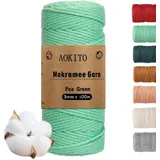 AOKITO Premium Makramee Garn, 3mm x 100m Makramee Baumwollgarn, Makramee Schnur für DIY Handwerk, Weben & Hängepflanzen - Natürlich, Umweltfreundlich & Langlebig (Erbsengrün)