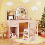 Costway 2 in 1 Schminktisch mit Led & Buntem Spiegel Rosa