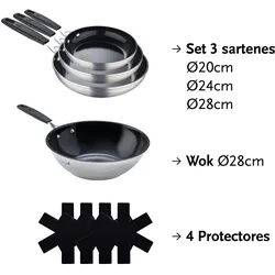 Masterpro - Set mit 3 Bratpfannen Ø20-Ø24-Ø28 cm und Wok Ø28 cm aus geschmiedetem Aluminium mit 4 Smart-Schutzvorrichtungen