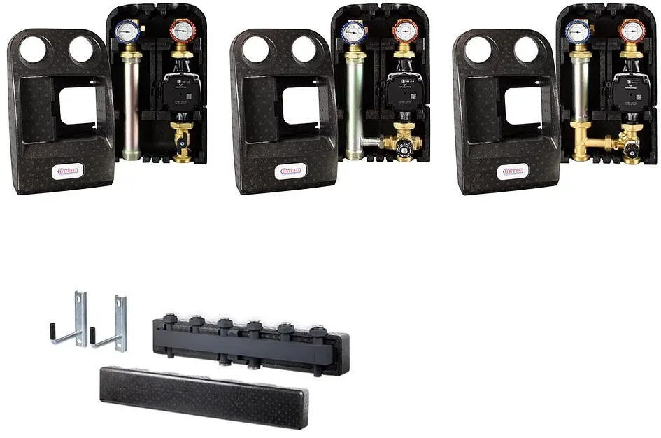 Pumpengruppenpaket 2- bis 6-Fach inkl. Pumpengruppen und Verteiler (Ausführung: 2-Fach. 1 HK thermostatisch gemischt. 1 HK ungemischt inkl. Verteilerbalken)