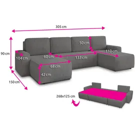 Sofnet Wohnlandschaft Cord 7-Sitzer Grau