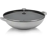 Kela Gusseisen Wok mit Glasdeckel 36 cm CALIDO, Wokpfanne Induktion, Wokpfanne mit Deckel, emailliert, grau