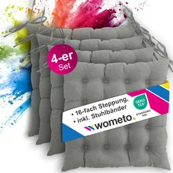 wometo 4er Set Sitzkissen Stuhlkissen 40x40 OEKO-TEX  - grau mittelgrau Sitzauflage Bank Polster Sitzpolster mit Bändern / Schleife, Indoor / Outdoor