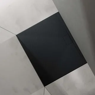 doporro Duschtasse Duschwanne 90x100x3 flach Mineralguss in Anthrazit DIN-Anschlüsse für bodengleiche Montage geeignet Geoma07 -