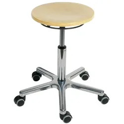 PROREGAL Drehhocker Atlanta, Sitzhöhe 47-65cm, Tragfähigkeit 110kg, Holz-Buche, Aluminium-Fußkreuz, Rollen, Ringauslösung, Buche