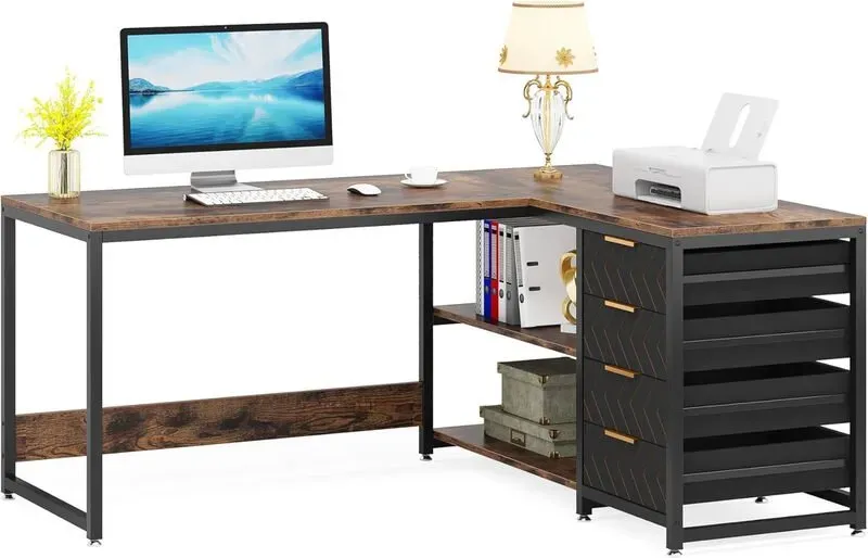 150cm L-förmiger Schreibtisch, reversibler Eckschreibtisch mit Schubladen & Regalen, Walnuss