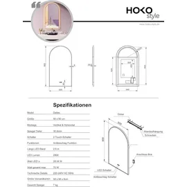PonteSino HOKO Badspiegel Antibeschlag LED Bogenspiegel 50x90cm mit Metallrahmen, HOCH+QUER Montage. Touch Schalter+Licht Wechsel 2700-6500K, Warmweiß-Kaltw... - Schwarz