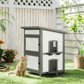 PawHut Katzenhaus aus Holz, 2-stöckiges Outdoor Isolierte Katzenhütte mit Fenster Türen