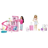 BARBIE - Traumvilla & -Puppe, Reise- mit blonden Haaren, 10+ Barbie-Reisezubehör, Aufkleber, Koffer, Welpe, 1 Barbie-Puppe inklusive, Geschenk für Kinder, Spielzeug ab 3 Jahre,HJY18