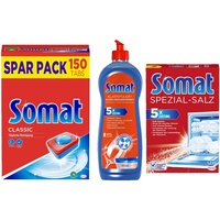 Somat Reinigungs SET Spülmaschinen Reiniger Geschirrreinigung (1x 750 ml Klarspüler + 1x 1,2 kg Spezial Salz + 1x 150 Spülmaschinen-Tabs)