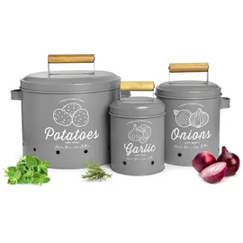 Sendez 3 Vorratsbehälter Kartoffeltopf Knoblauchtopf Zwiebeltopf Vorratsdosen grau matt - Grau