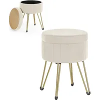Songmics Sitzhocker, Hocker mit Stauraum, Samt Schminkhocker, runder Sitzhocker, 39 cm d, 44,4 cm H, 4 Metallbeine, für Ankleidezimmer, Wohnzimmer - Weiß