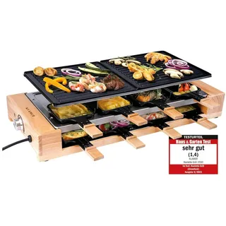 Klamer Raclette 8 Personen, 1500W Raclette Grill mit Holzgestell, Raclette mit antihaftbeschichteter Grillplatte, Tischgrill elektrisch