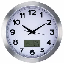 Perel Wanduhr, Uhr Wand Küche, Küchen Uhr, Wanduhr groß, Küchenuhr, LCD-Display mit Thermometer, Hygrometer & Wettervorhersage, ø 35 cm,