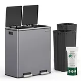 Songmics Mülleimer, 2 x 30 Liter, 2 Fächer, Mülltrennsystem, Treteimer, - Grau
